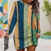 Women Plus Size Round Neck Long Sleeve Color Block Striped Printed Mini Sweatshirt Dress