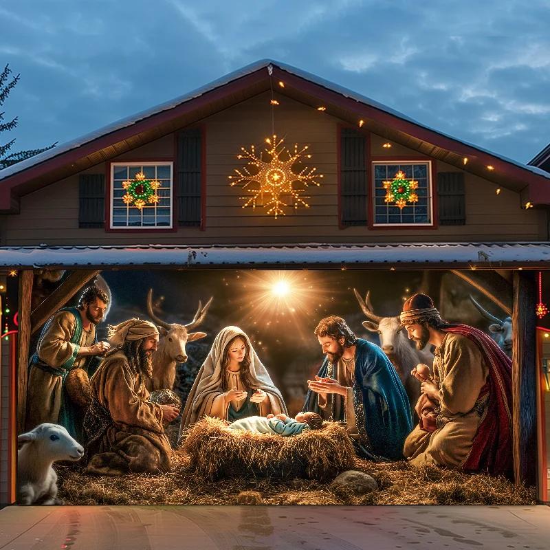 Nativity Christmas scene garage door Banner - Large polyester, outdoor Christmas decoration, suitable for festivals and parties