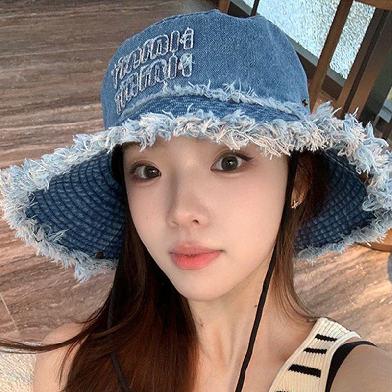 

Raw Edge Denim Fashion Alpine Cap Female Spring and Summer New Arrival Student Travel Face Small Sun Hat Beach Wide Brim Hat Female C3698 dark blue M(56-58cm)