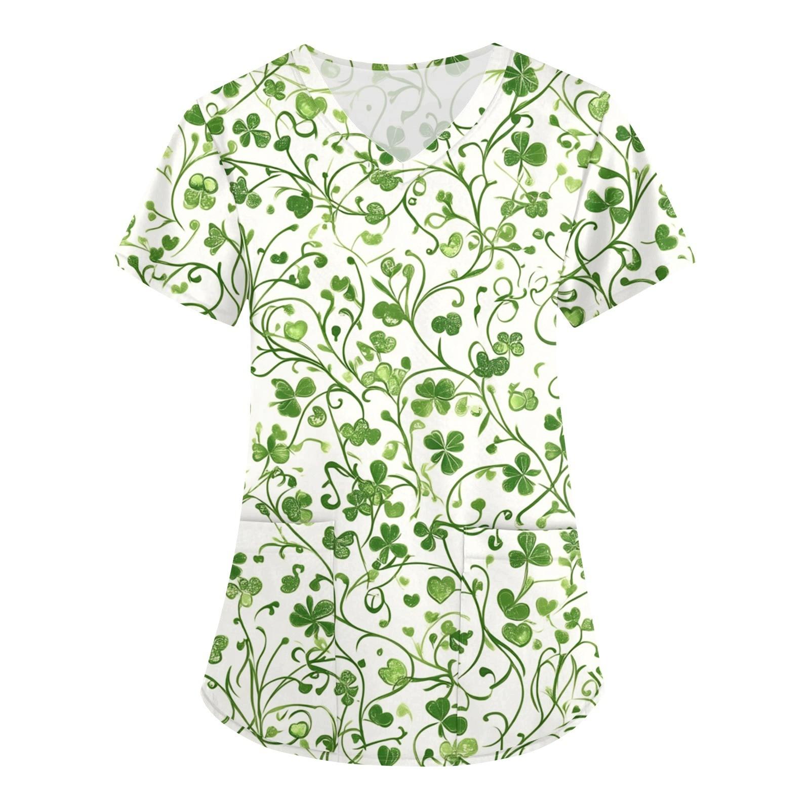 

Women s Fashion V-neck Short-sleeved Work Clothes With Pockets St. Patrick Print Top Wear XXXL