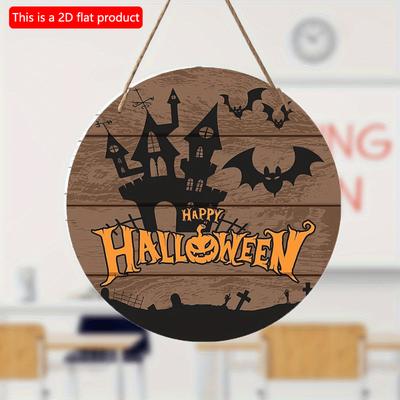 2d Flat 20*20cm, Halloween Home Decoration, Happy Halloween, Castle Wooden Circular Logo, for Home, Cafe, Garden, Bedroom, Bar Decor.
