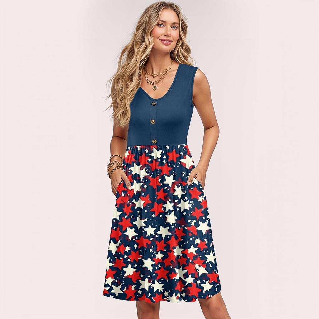 Damen Sommerkleider Ärmellos Lässig Locker Schwingend Knopfleiste Midi Sonnenkleid mit Taschen