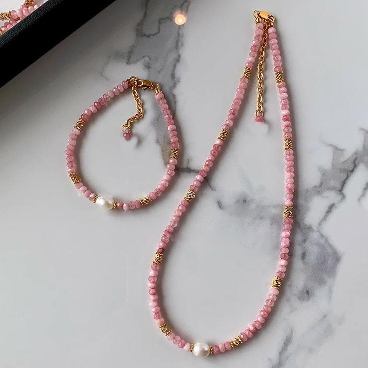 New Arrival Trendy Pink Crystal & Natural Freshwater Pearl 14K Gold Filled Female Set For Women Necklace Bracelet Gifts