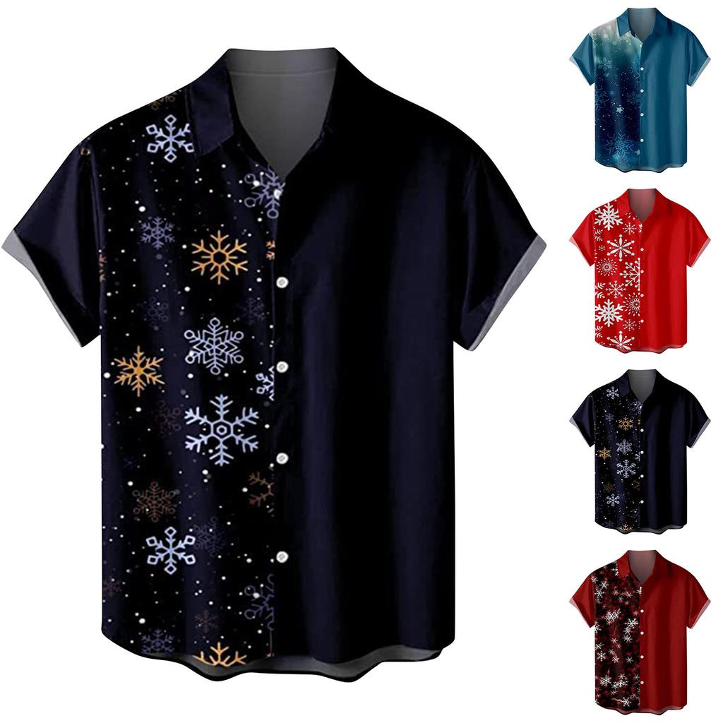 Men's Christmas Style Printed Short Sleeve Loose Button Casual Shirt Shirt Top