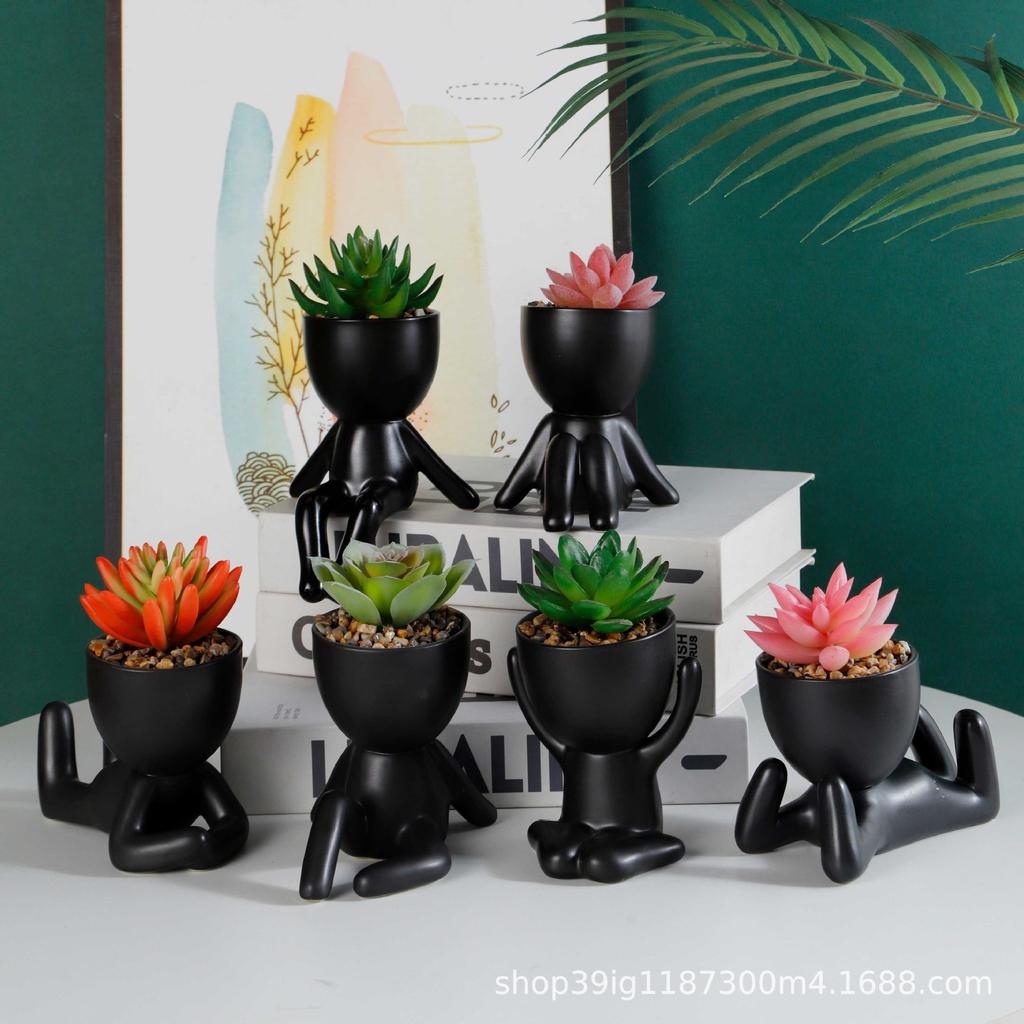 Creative Ceramic Figurine and Faux Plant Vase Set for Home Decor