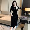 Autumn Winter Elegant Fashion Lace Patchwork Velvet Dress Women Vintage Single Breasted Bodycon Robe Vestidos