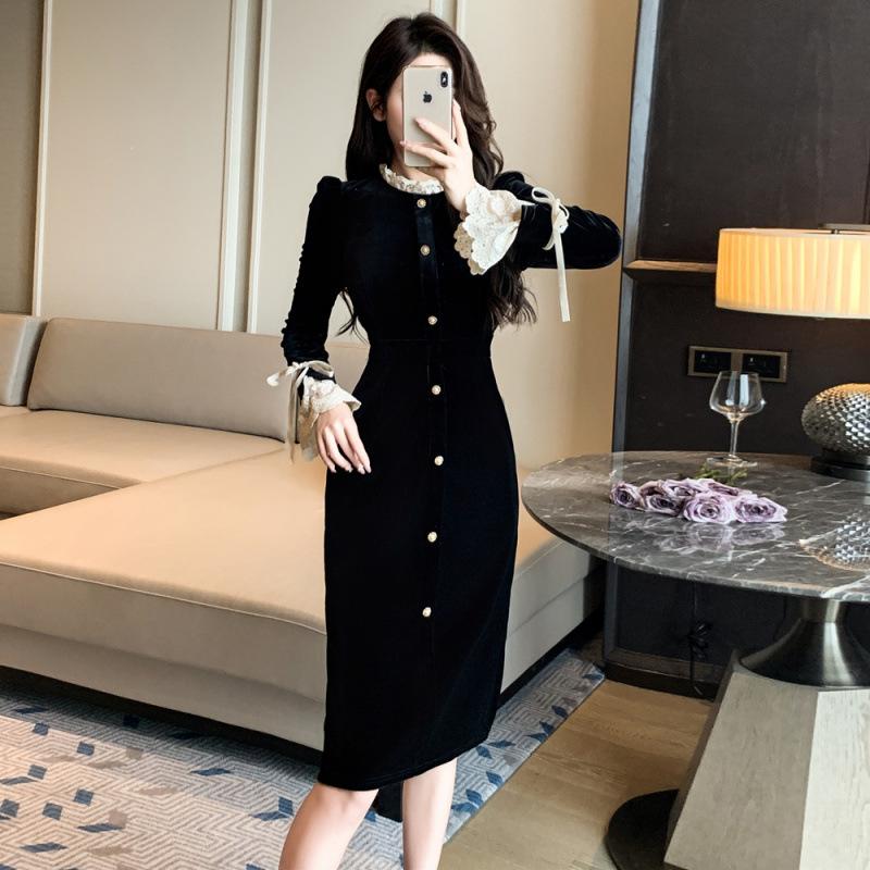 Autumn Winter Elegant Fashion Lace Patchwork Velvet Dress Women Vintage Single Breasted Bodycon Robe Vestidos