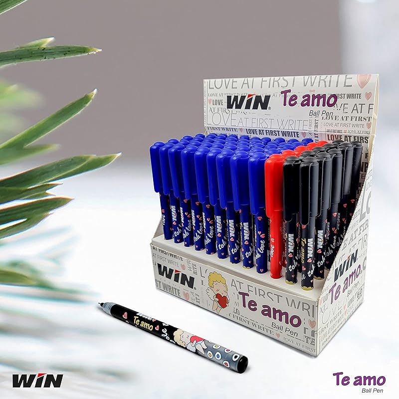 

WIN Te Amo Ball Pens | 60Pens (45 Blue,10 Black & 5 Red) | The Magic of Gel in a Ball Pen | Stylish Printed Body with An 1 Count (Pack of 60) чёрный