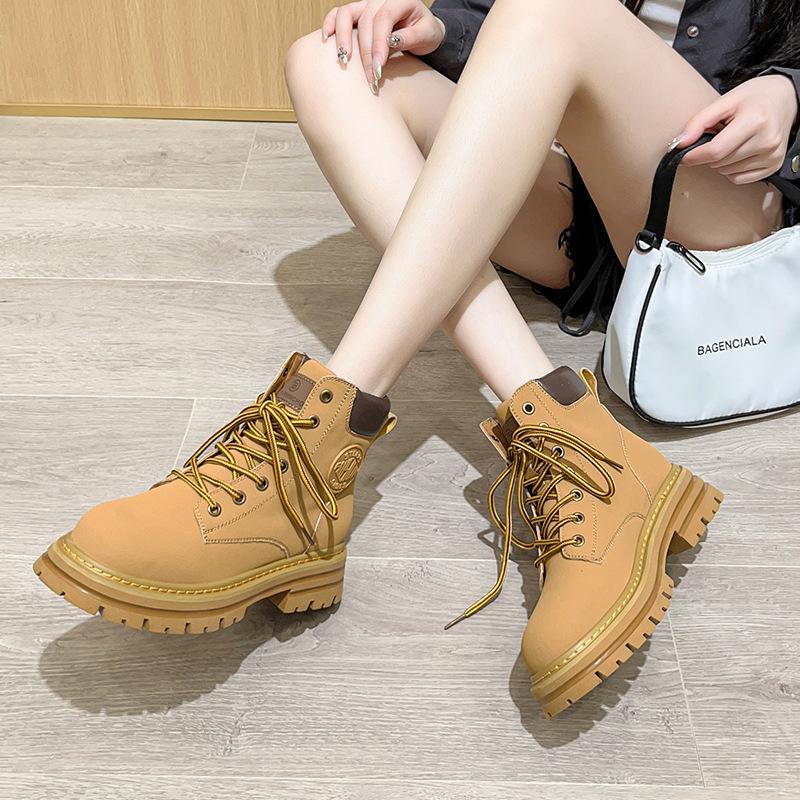 Fried Street Big Yellow Boots Women's 2025 New Platform British Martin Boots Women's Leather Retro Versatile Mountaineering Boots