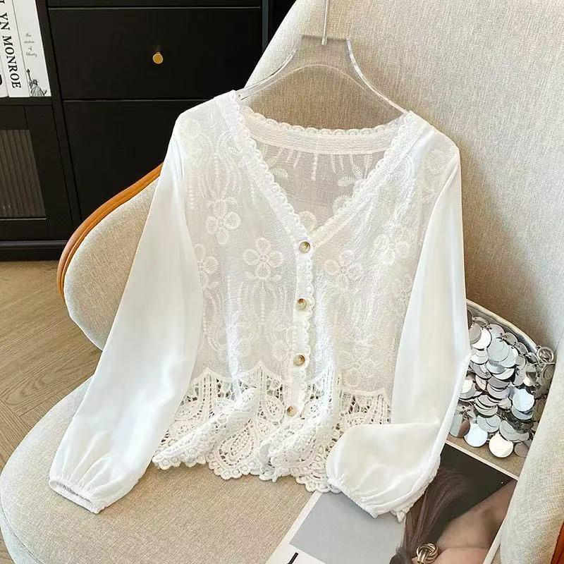 French Lace Crochet Patchwork Chiffon Cardigan - Long Sleeve Retro Design