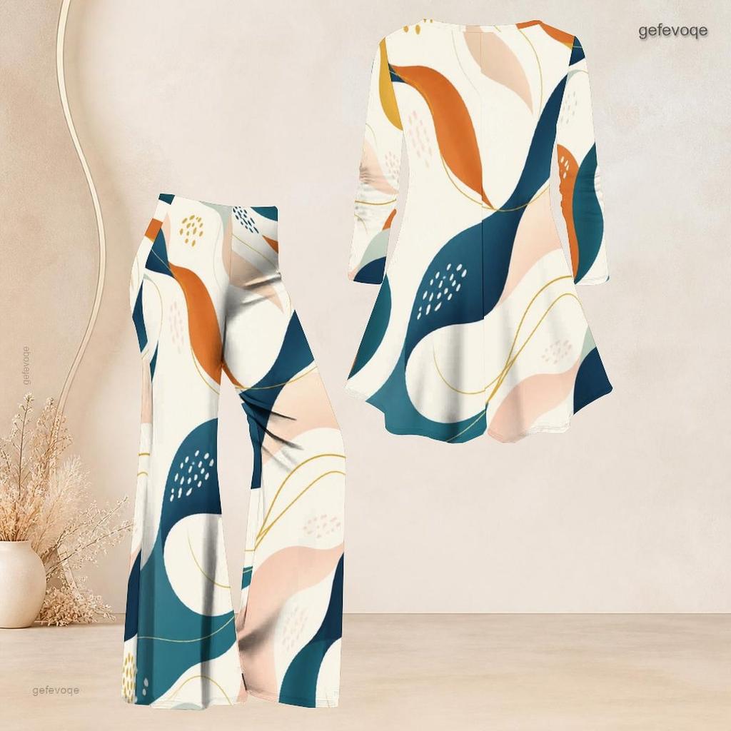 Women Plus Size Round Neck Three Quarter Sleeve Printed Flared Top Flared Pants Two Piece Set