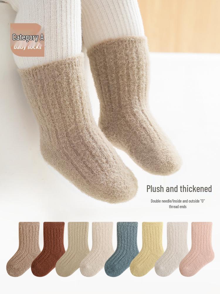 Solid Color Fleece-Lined Mid-Calf Baby Socks - Combed Cotton, Warm Terry, Class A Quality