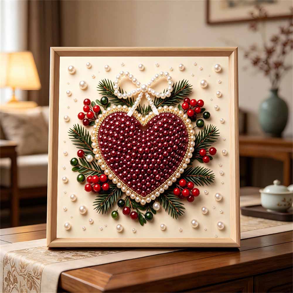 Premium Framed Pearl Art Kit with Christmas Heart Pattern 5D Sparkling Bead Canvas DIY Relaxing Craft for Home Wall Decor Gift Decoration Holiday