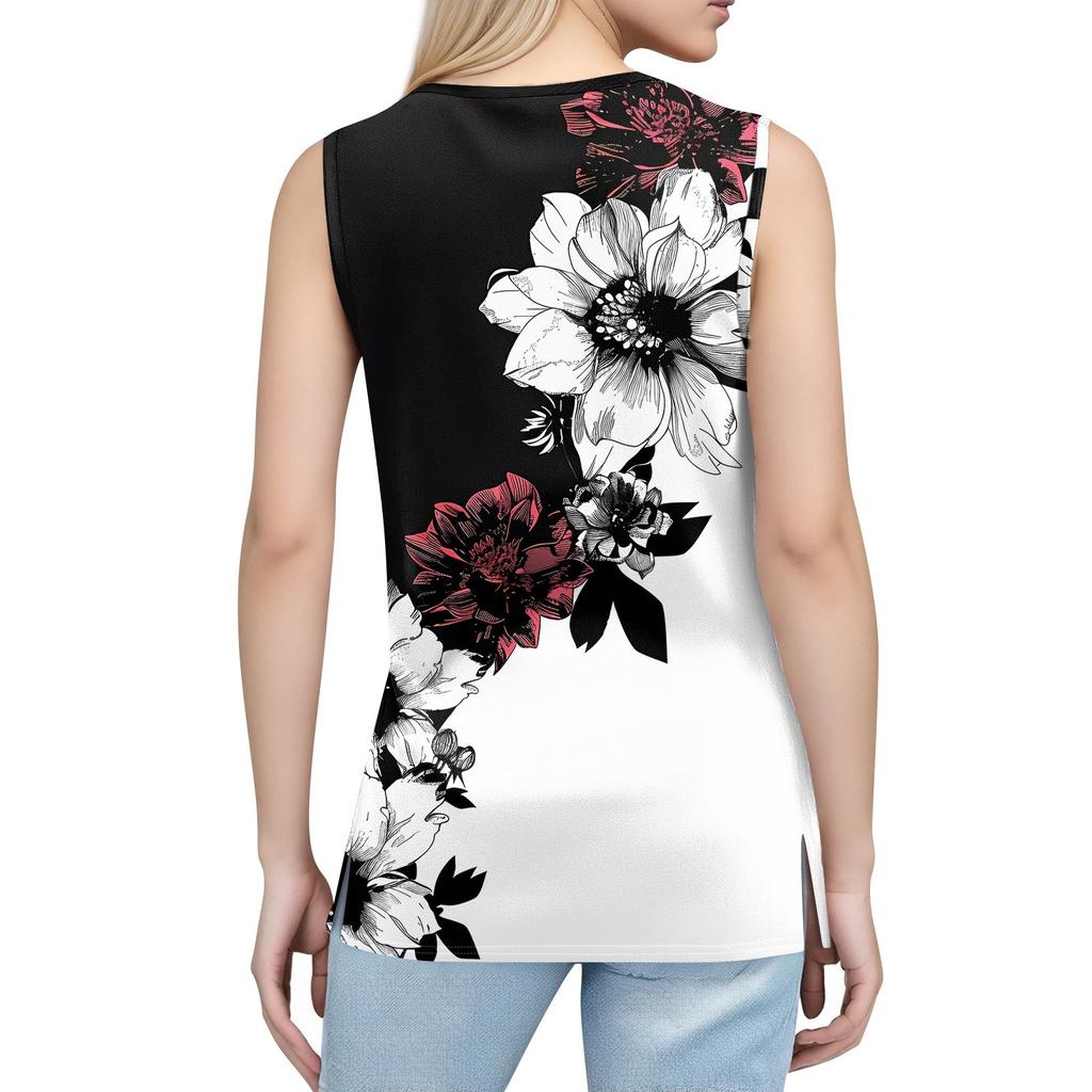 Maiou de damă cu imprimeu, cu nasturi, cu gât în V, fără mâneci, larg, top la modă