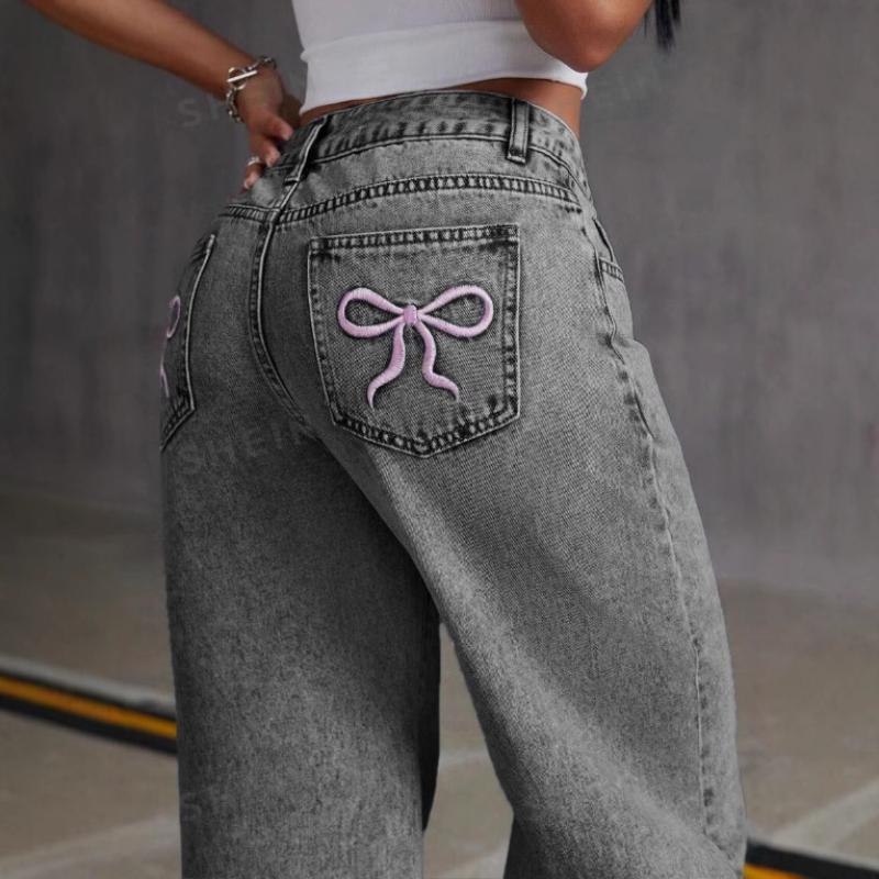 European and American Spring and Autumn Bow Embroidered Jeans for Women High Waist Straight Trousers