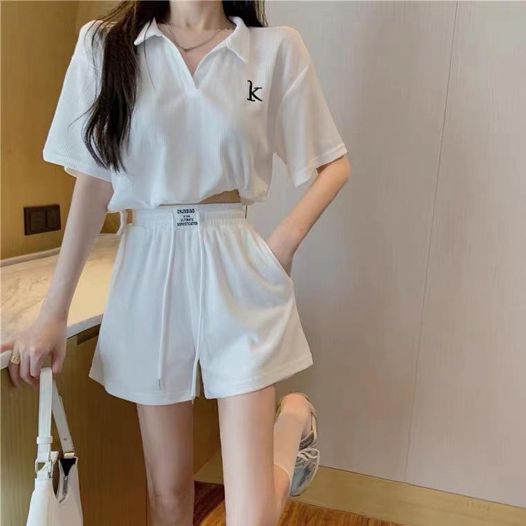 Summer 2025 Women's College-Style Casual Sportswear: Loose Short-Sleeve Tops & Wide-Leg Shorts Two-Piece Set