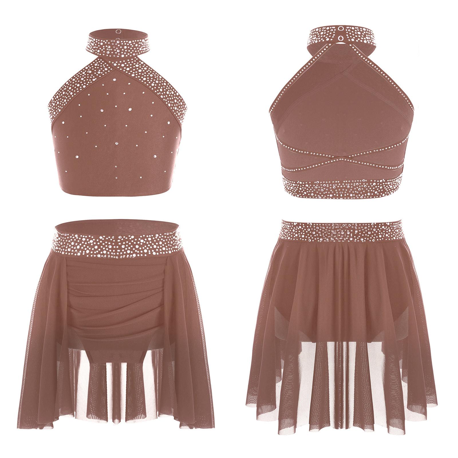 

Детский комплект для лирических танцев для девочек, современный костюм, укороченный топ со стразами и купальником с юбкой, одежда для катания на коньках и балета 11-12 Years розовый