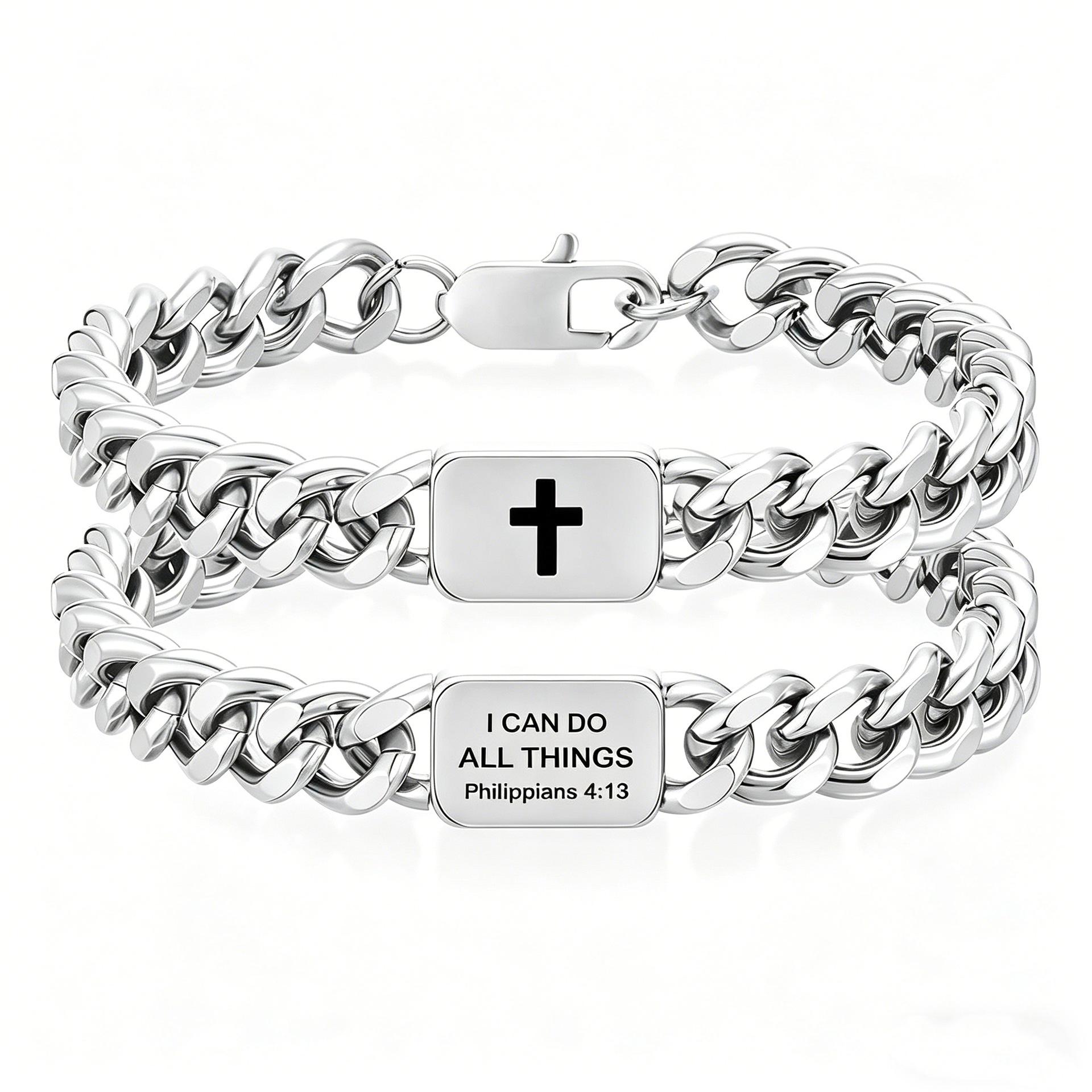 2pcs Easter Basket Stuffers Cross Bracelet for Men Boys, Stainless Steel Cuban Cross Chain Link Bible Verse Christian Jewelry