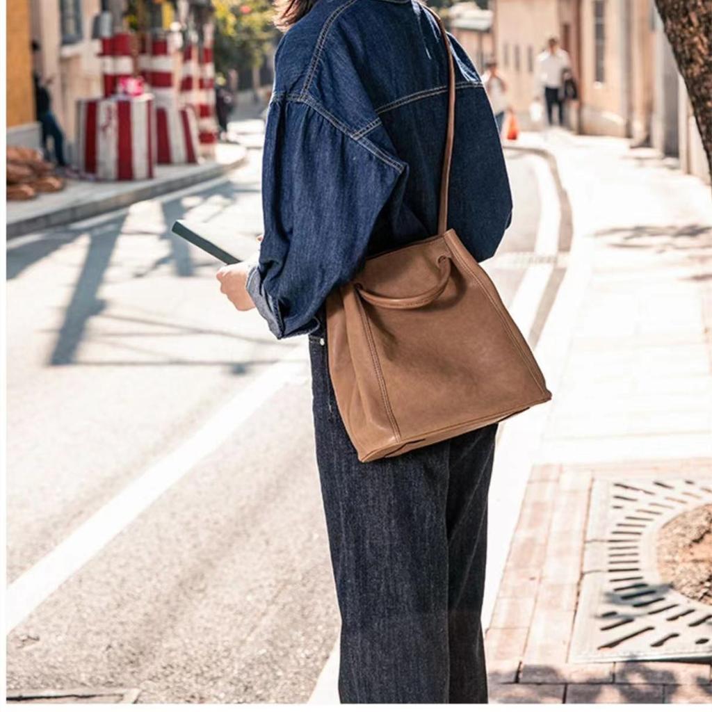 Damenhandtasche echtes Leder Bucket Bag große Kapazität Pendler-Umhängetasche