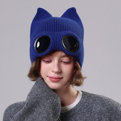 Winter Knitted Hat Women's Outdoor Thick Ear Protection Warm Hat Cartoon Glasses Wool Cap