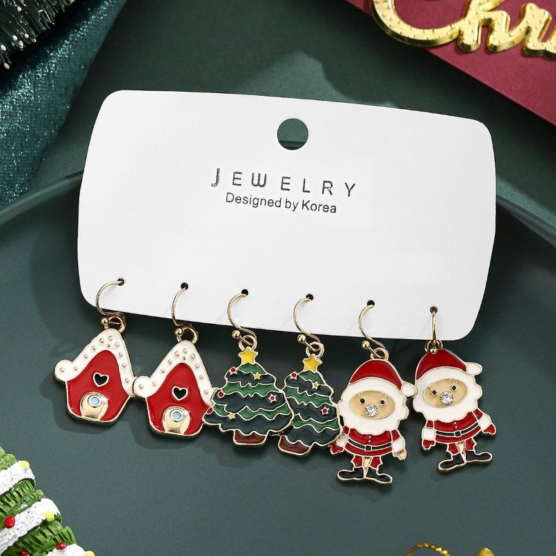Christmas Series Snow House Christmas Tree Pair Earrings Combination Set Cartoon Oil Drip Santa