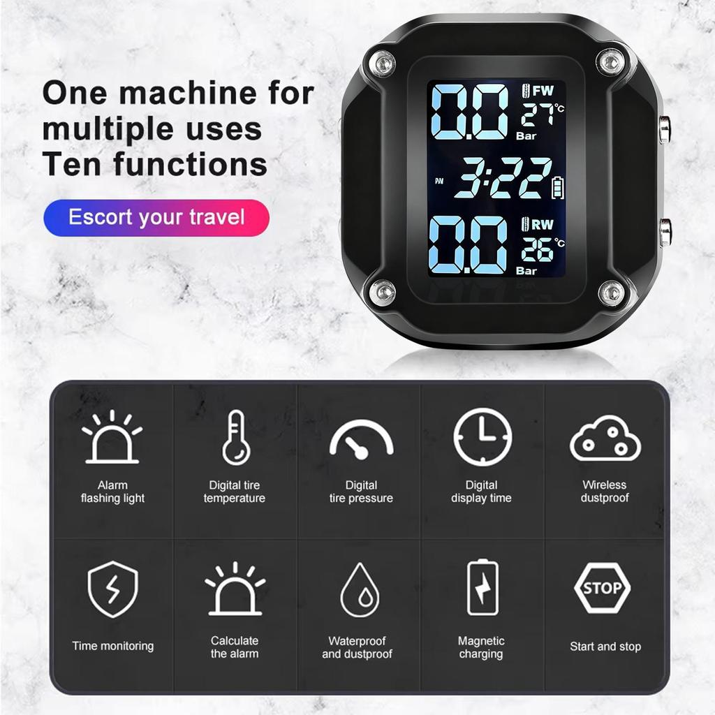 Motorcycle Tire Pressure Monitoring System LCD TMPS Detector Waterproof Motorcycle Tire Pressure Alarm With External Sensor