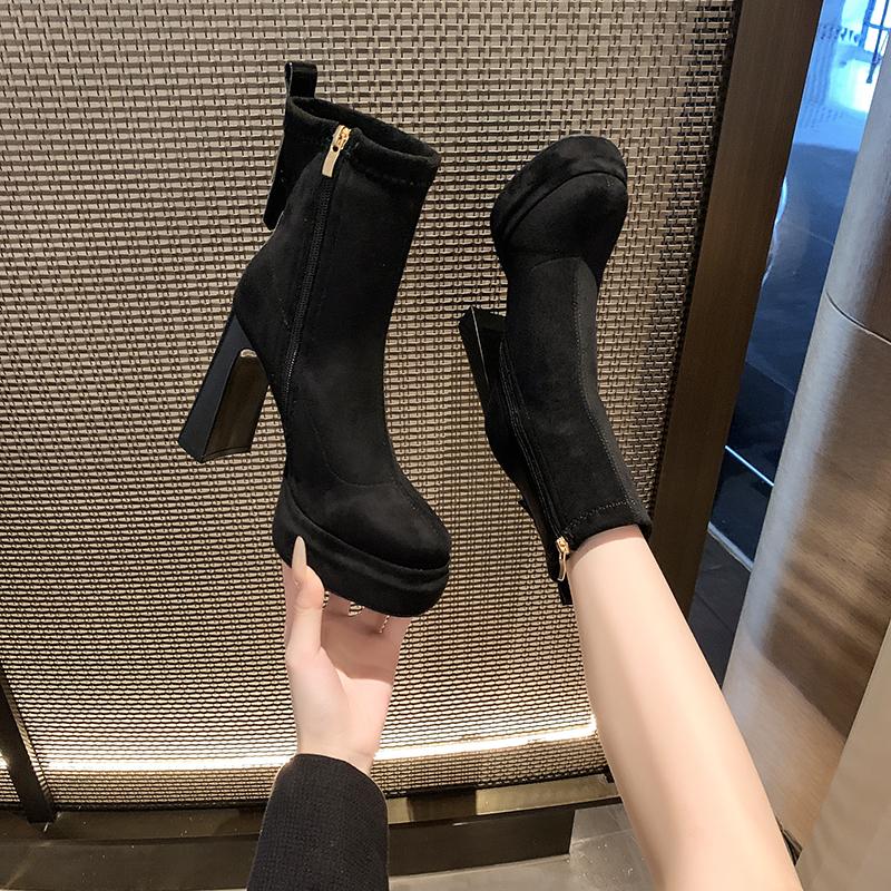 Fashion Women's Platform Cow Suede Booties Fall New Square Toe Rear Zipper Anti-Slip Wear-Resistant High Heels