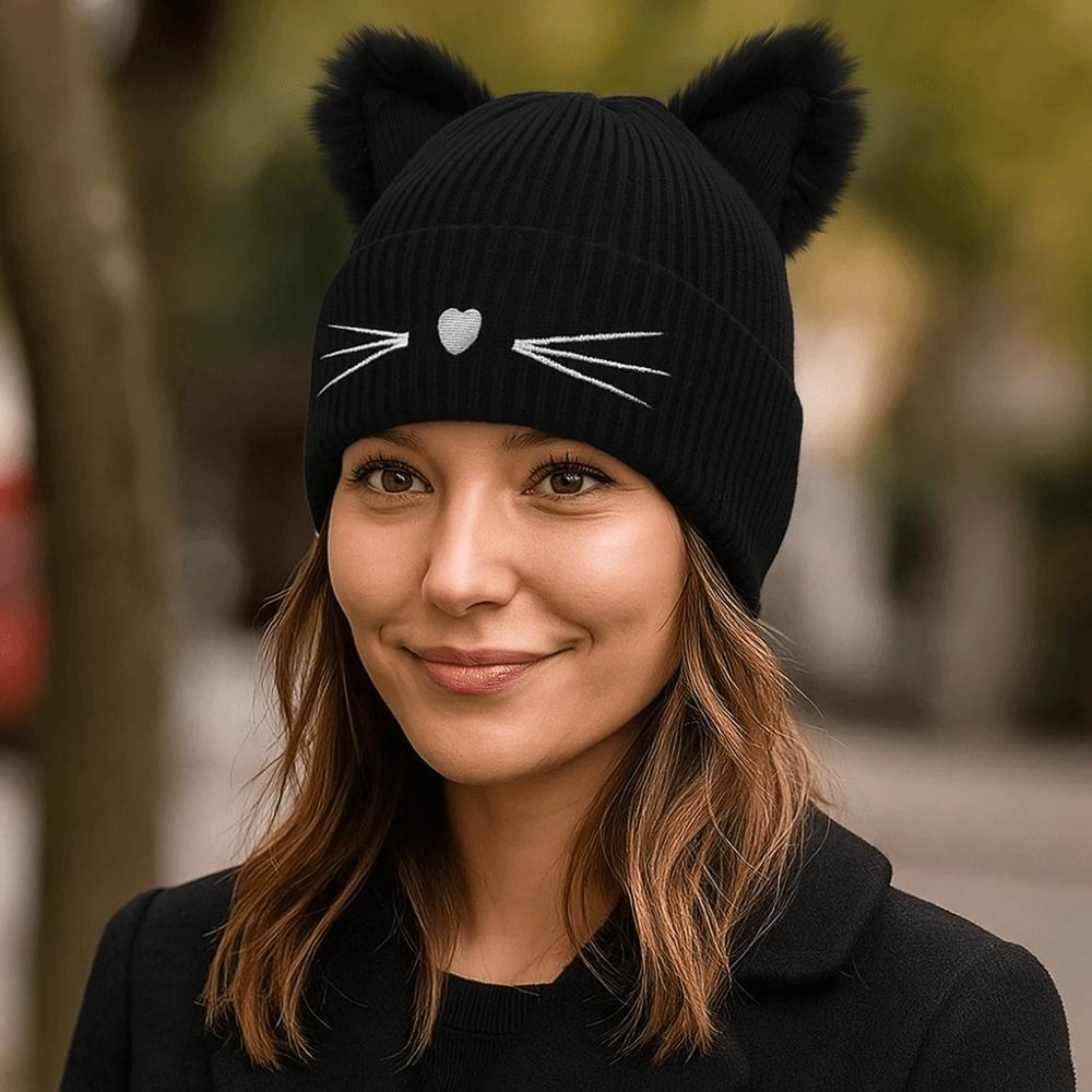 Einfarbige Katzenohren Mützen Wolle Kaltmütze Lässige Strick-Pullovermütze Mädchen