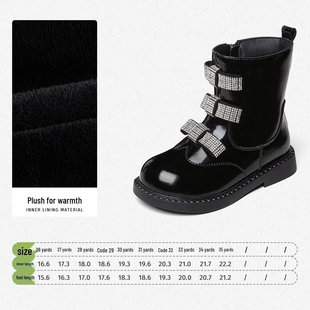 

Snuffy Girls Black Leather Fashion Boots - Mid-Calf, Winter 2025, Plus Velvet. 27 ірис кольору/чорний