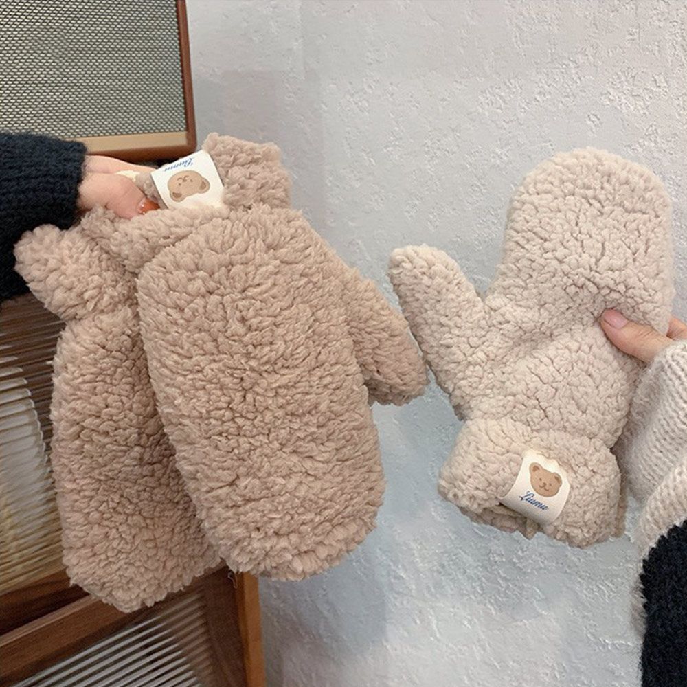Neck Soft Plush Solid Color Warm Winter Double Layer Bear Hair Mittens All Fingers Winter Gloves