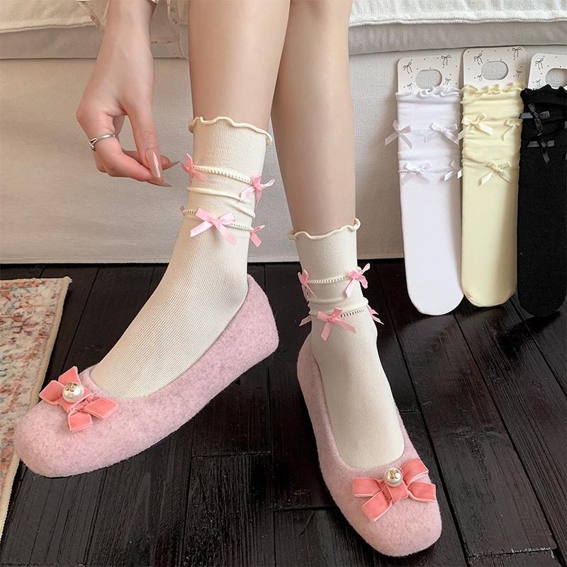 

Носки Dui Dui в балетном стиле для женщин на весну и лето, тонкие носки до середины икры с черной отделкой ушками в форме бантика 1 pair розовый/бежевый