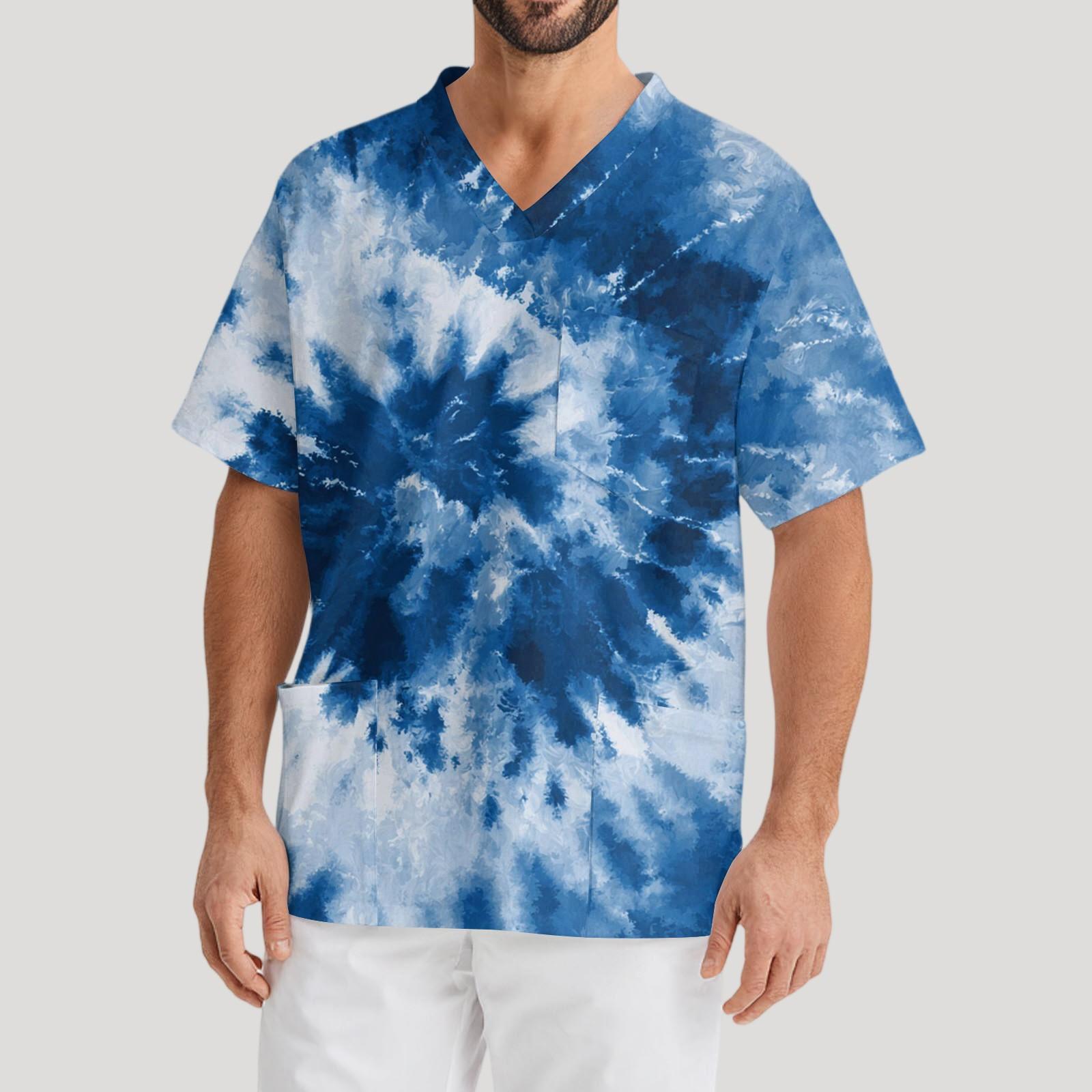 

Мужская рабочая блузка с короткими рукавами и v-образным вырезом с принтом, топ с нагрудным карманом M синий