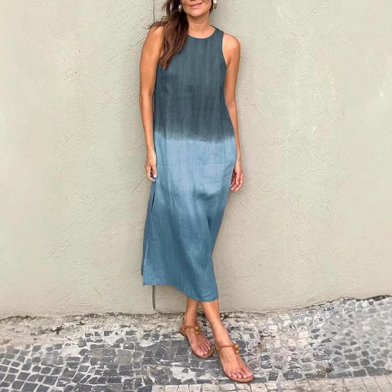 Women's Spring Cotton Linen Midi Dress, Gradient Color Sleeveless Side Slit Loose Casual Daily Vacation Dress