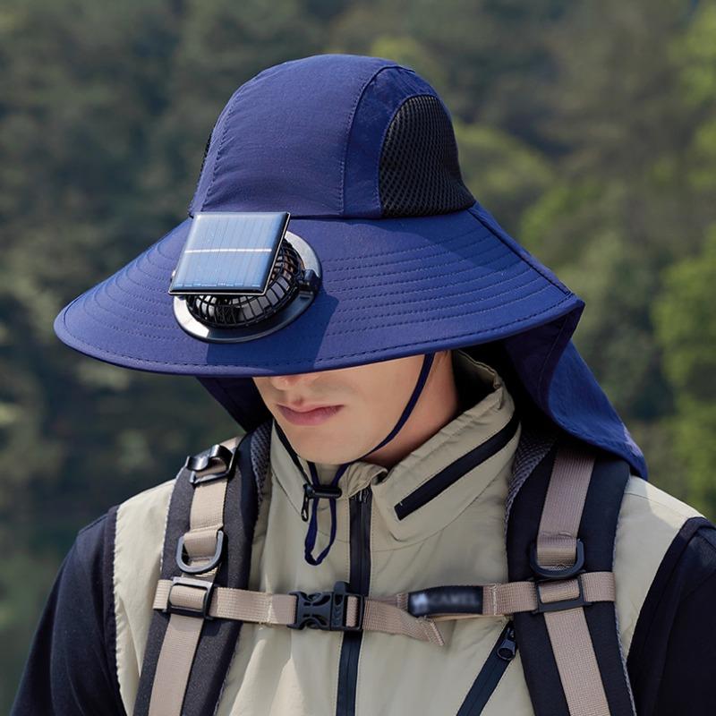 Solar Fan Hat with Neck Cover Wide Brim Sun Hat UV Protection Outdoor Fishing Hat Hiking Travel Hollow Mesh Summer Cooling Breathable Sun Cap