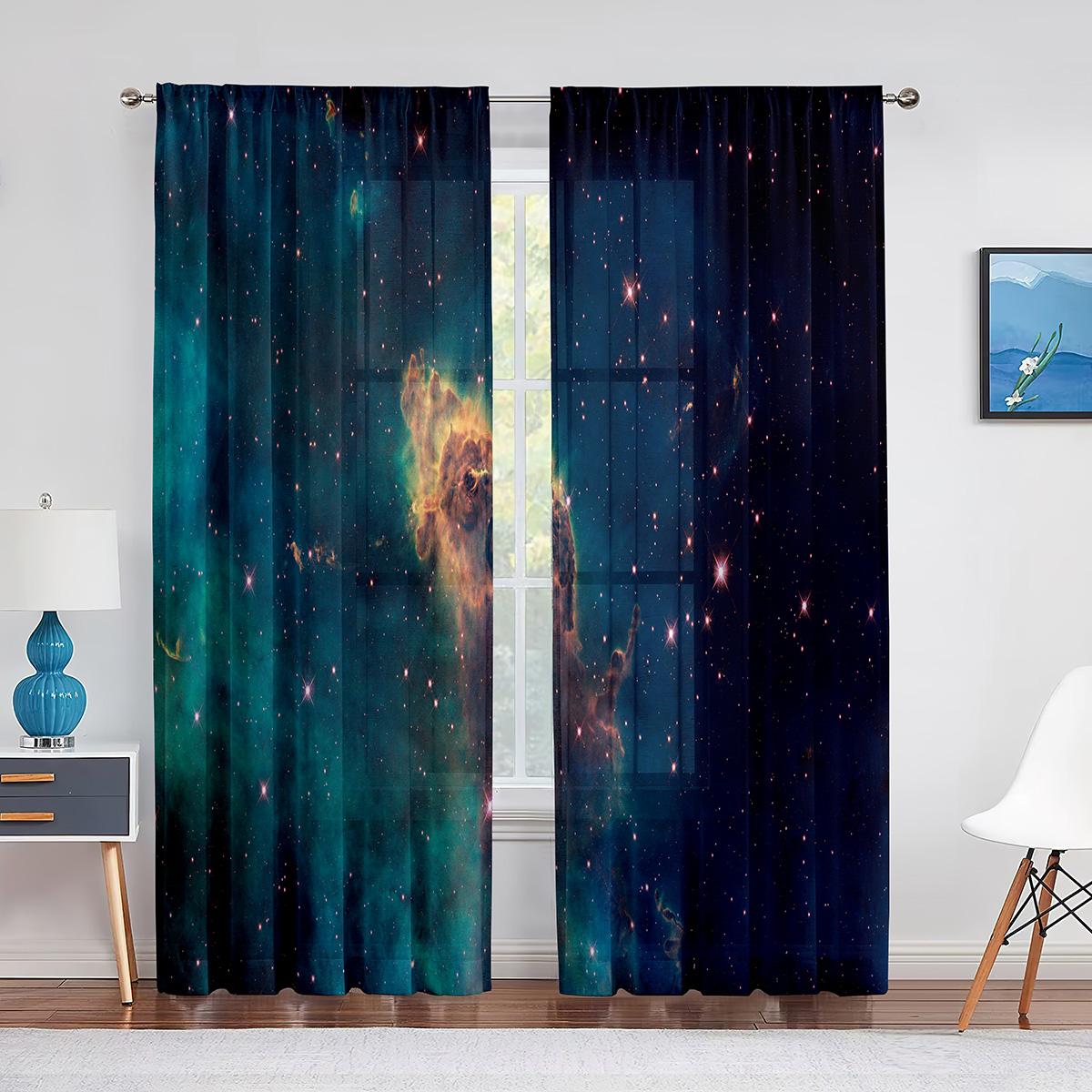 

Очаровательная занавеска с принтом галактики и космоса для гостиной, спальни, звезд вселенной, шифон, тонкие украшения для окон, 2 шт. Milled cotton fabric&Rod Pocket