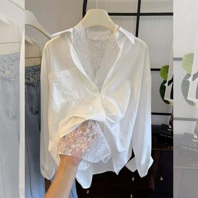 High-end Versatile White Lace Patchwork Shirt with Elegant Niche Top for Women