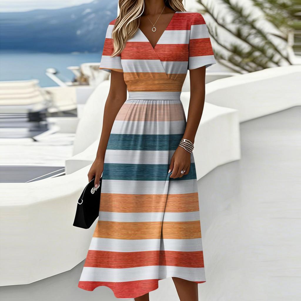 Ladies' Striped Casual Fashion Short Sleeved V-neck Dress