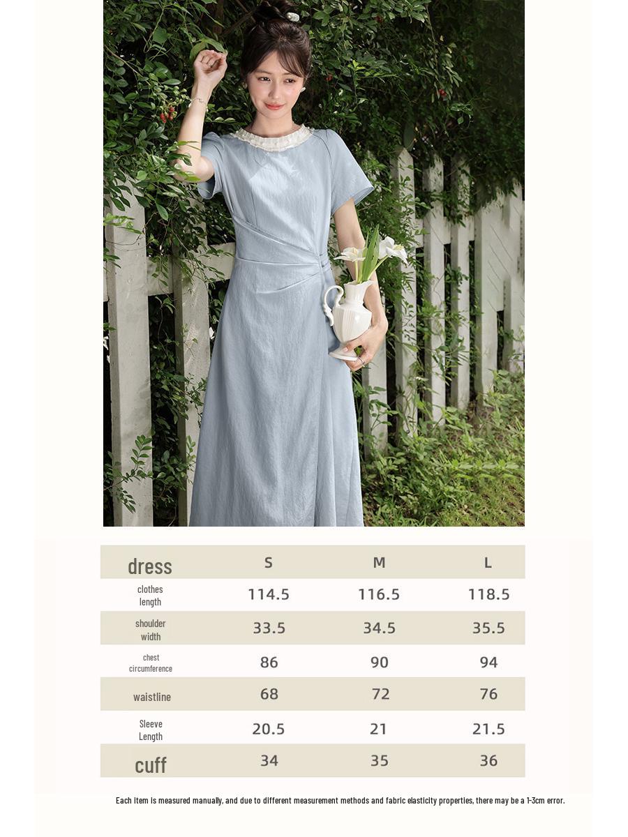 Oxygen French Style Blue Cinched-Waist Summer Dress - Women s Short-Sleeve, Fitted Long Skirt Small