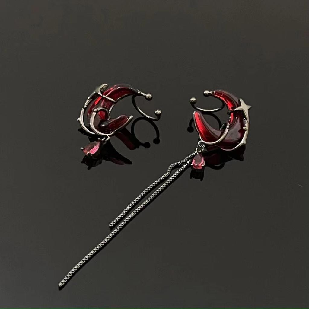 Dark Hot Girl Asymmetrical Red Crescent Tassel Earrings - New Chinese Style Niche Design