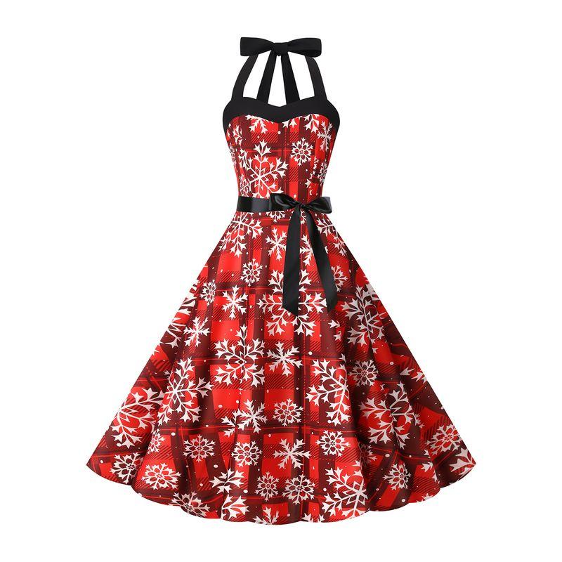 Fashion Style New Arrival Retro Hepburn Style Halterneck Christmas Print Shoelace Cinched Sleeveless Large Swing Dress Belt