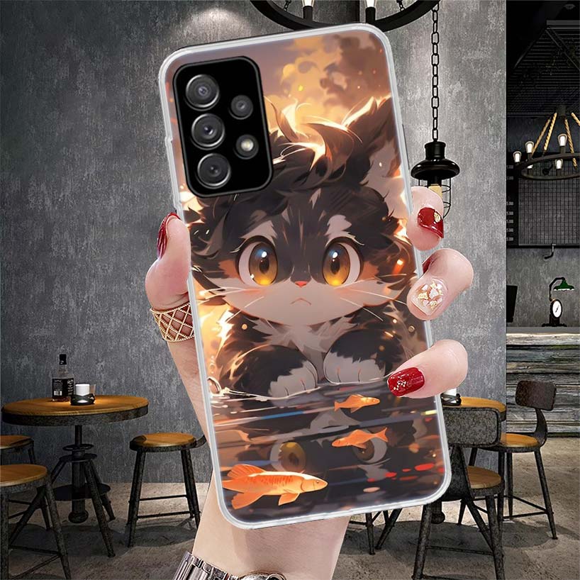 Cartoon Cute Cat Fish Aesthetic Soft Phone Case For Samsung Galaxy A12 A22 A32 A52 A72 A02S A51 A50S A71 A70 A31 A20S Note 20 Ul