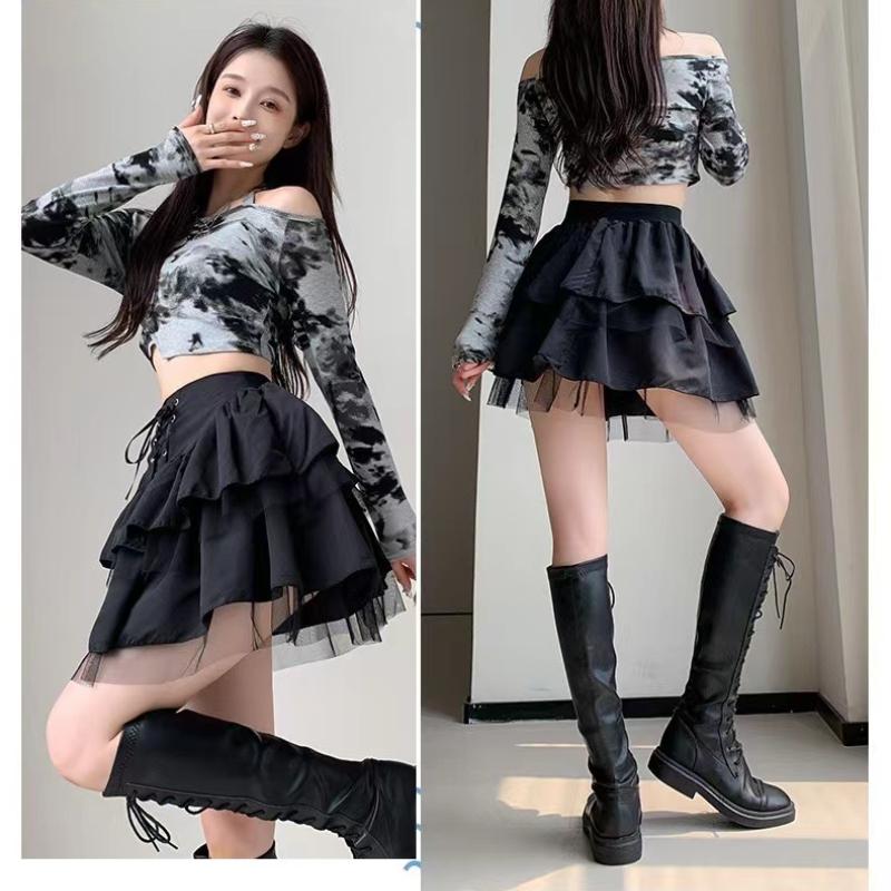 Mini Dress Black Cake Tummy Control Preppy Style A- Line Skirt High Waist Summer Heat Wave Women's Petite Chic Fashion