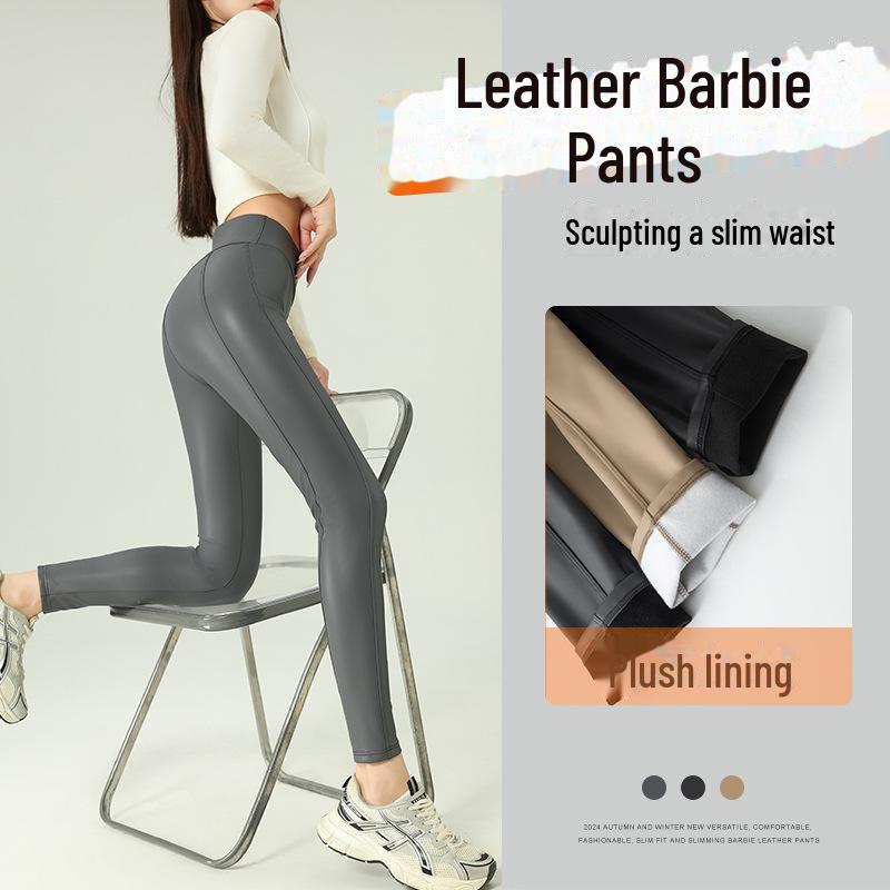 Dámské matné legíny z PU kůže s vysokým pasem a sametovou podšívkou - devítibodová délka, 2024.