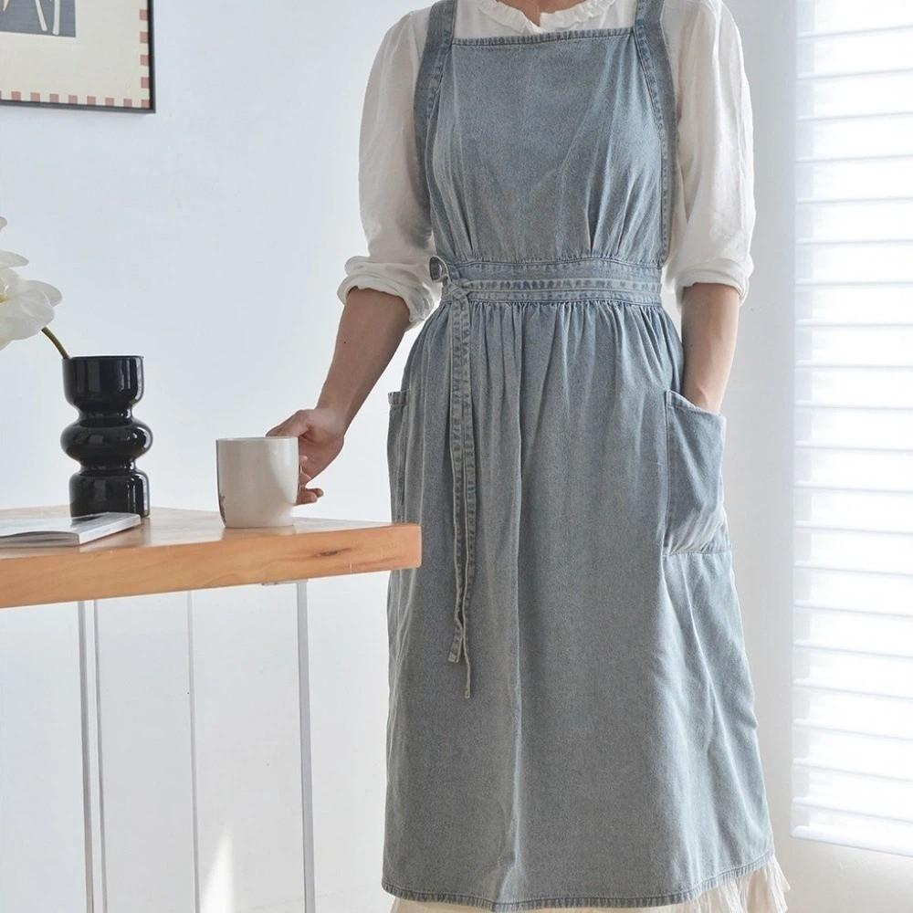 Cotton Vintage Denim Apron Stain-Resistant Cooking Apron Portable Cross Back Apron  Grilling
