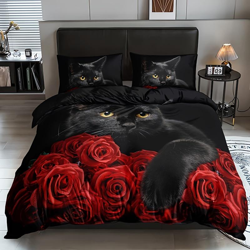 Black Cat Rose Print Bedding Set Includes 1 Duvet Cover And 2 Pillowcases Breathable Polyester Perfect For All Seasons