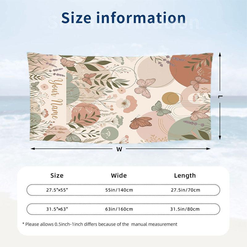 Floral Deer Artwork Theme Quick Dry Beach Towel Custom Name Text Print Large Sand Resistant Towel Beach Vacation