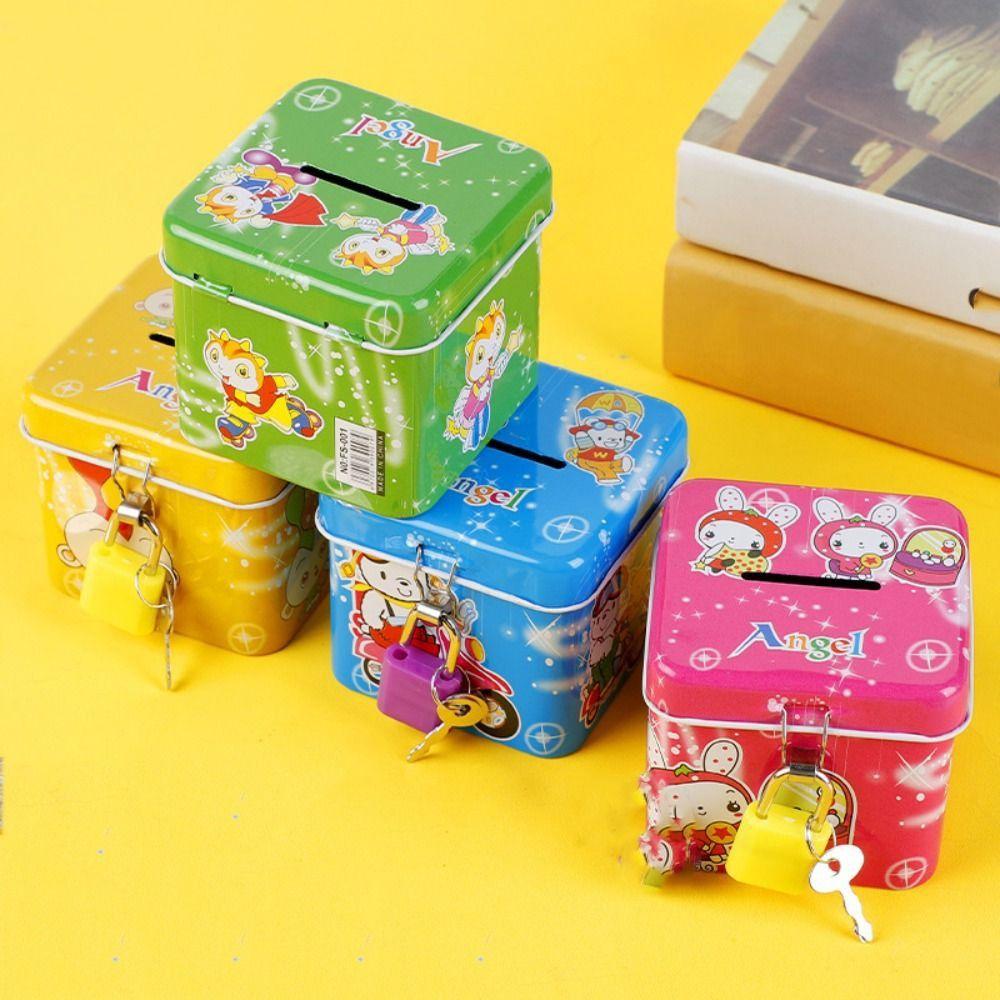 Hucha de Hojalata con Cerradura y Llave Diseño de Dibujos Animados Tarro de Almacenamiento para Niños Caja de Colección