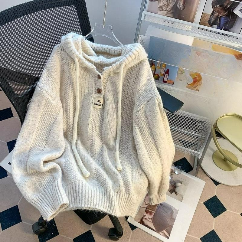 Šedý svetr s kapucí Svetr Dámský styl Podzimní a zimní bunda Svetr Top s dlouhým rukávem