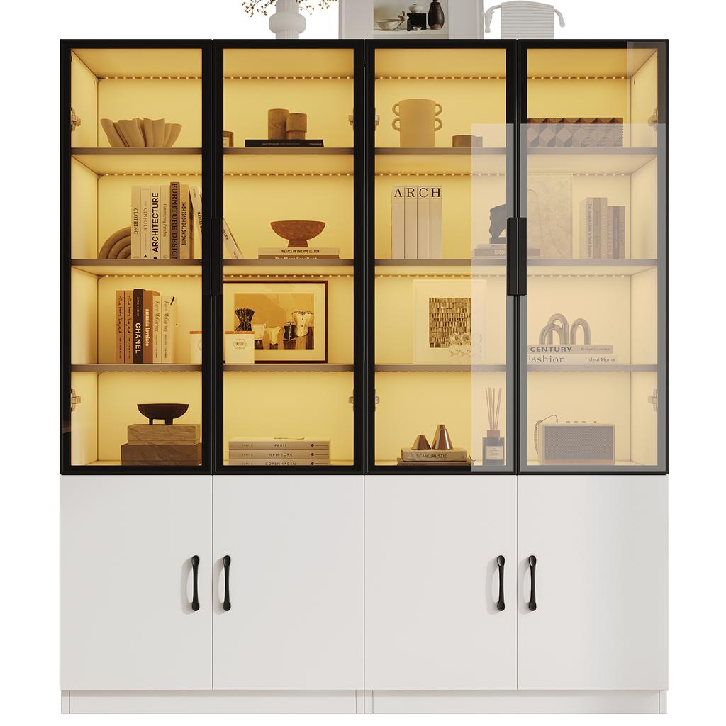 120*40*160 cm Combination Display Cabinet with LED Lighting – Made of Smoked Glass with Aluminum Frame and Two Doors in the Lower Section, Sideboard