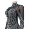 European & American Fashion Women's Solid Color Mesh Rhinestone Long Sleeve Mini Dress